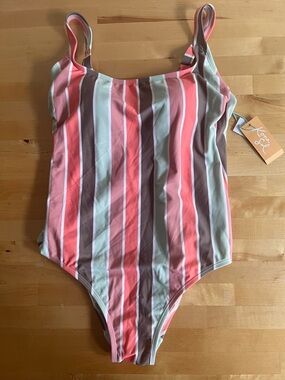NWT Kona Sol Striped Sz M Square Neck Pink Mint Brown Stretch One Piece Swimsuit